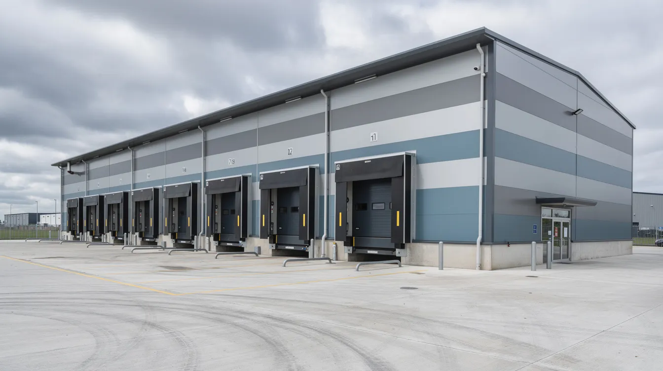The image shows the exterior of a large commercial warehouse in the UK, featuring a flat roof and multiple loading bay doors, all set against an overcast sky. This structure may represent energy-efficient practices, as businesses often seek ways to reduce energy consumption and cut costs on energy bills.
