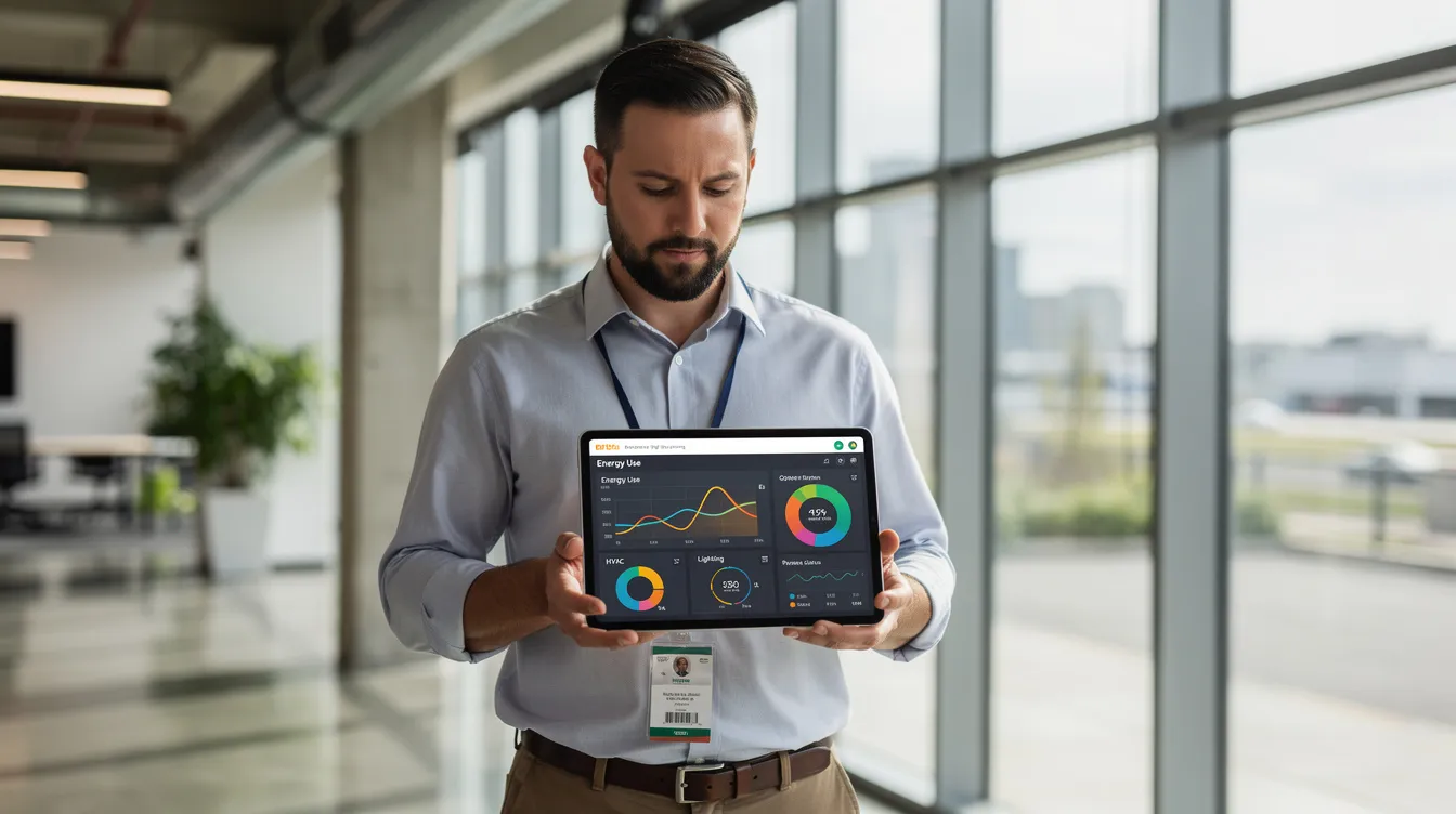 A facilities manager is intently reviewing an energy monitoring dashboard on a tablet, situated inside a commercial building. The dashboard provides insights into energy consumption and efficiency, helping to identify ways to save energy and reduce costs.