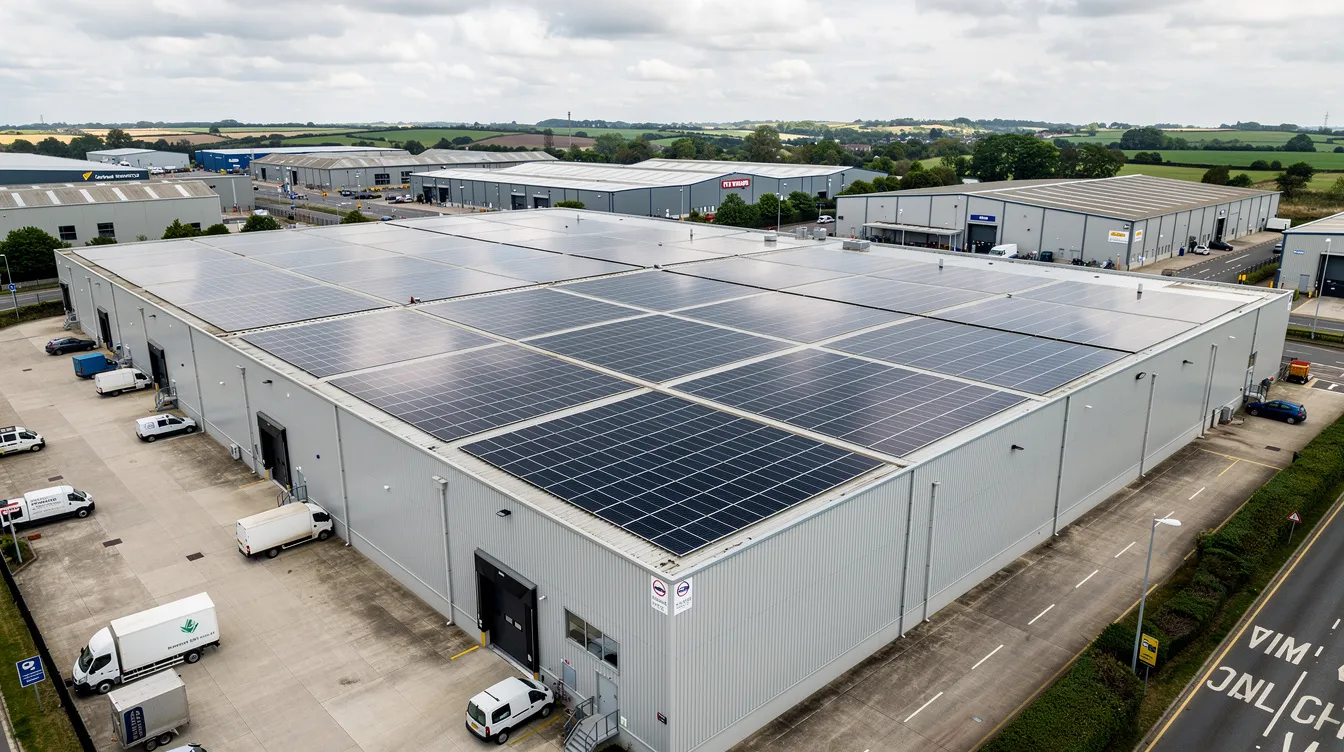 The image features a large rooftop solar panel array installed on a flat-roofed industrial warehouse building in the UK, showcasing an energy-efficient solution for reducing energy bills and carbon footprint through the harnessing of the sun's energy. This setup exemplifies modern approaches to energy saving and sustainable energy use in industrial settings.